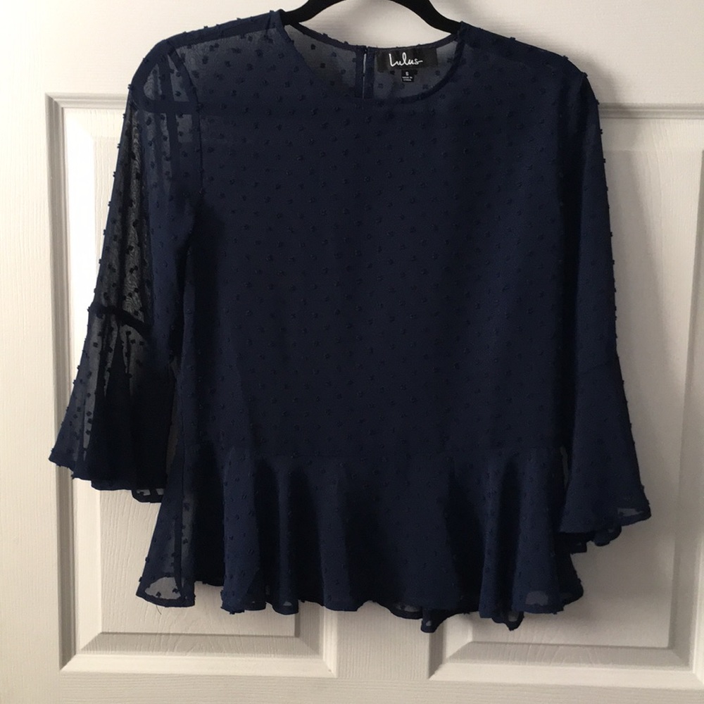 Lulus Navy Sheer Quarter Sleeve Blouse